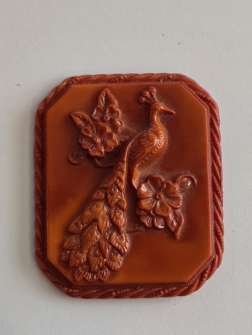 Vintage brooch peacock early plastic rust red bird pin jewelry broach
